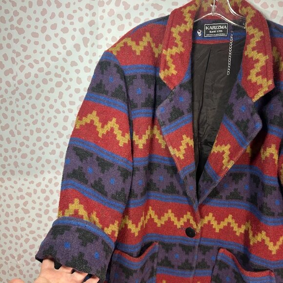 KARIZMA VTG 80s 90s USA Wool Aztec Navajo Blanket Jacket Southwestern Coat 10 L - Picture 3 of 10